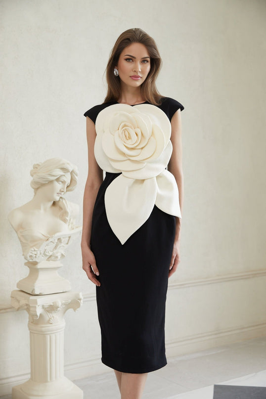 Cassidy Black White Pencil Midi Dress 3D Petal Detailing