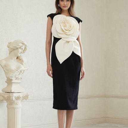 Cassidy Black White Pencil Midi Dress with 3D Petal Detailing