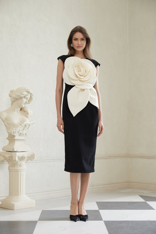 Cassidy Black White Pencil Midi Dress with 3D Petal Detailing