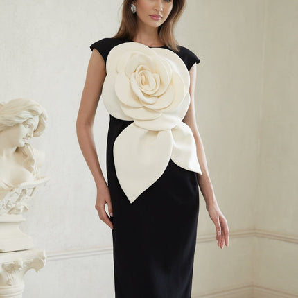 Cassidy Black White Pencil Midi Dress 3D Petal Detailing Sleeveless Round Neck