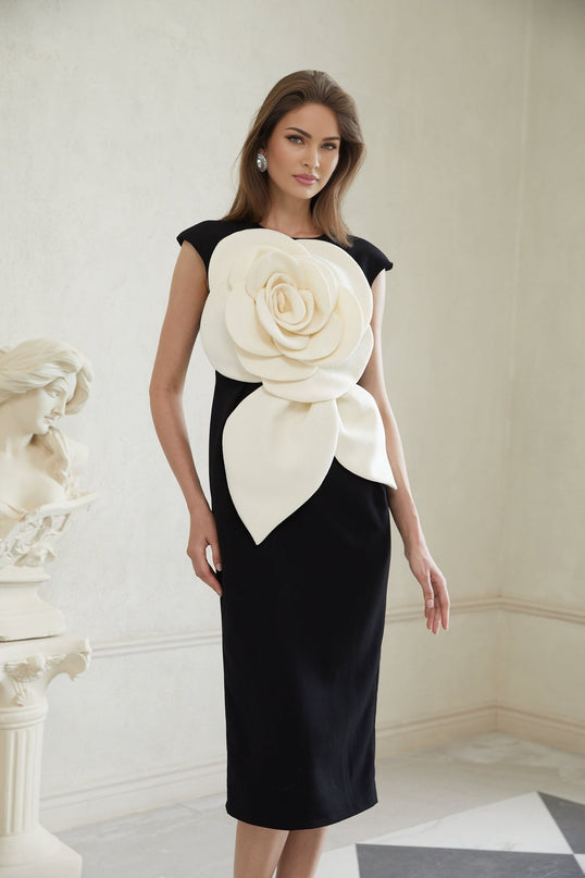 Cassidy Black White Pencil Midi Dress 3D Petal Detailing Sleeveless Round Neck