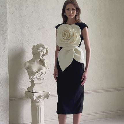 Cassidy Black and White Pencil Midi Dress with 3D Petal Detailing