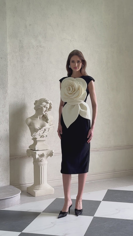 Cassidy Black and White Pencil Midi Dress with 3D Petal Detailing