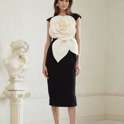 Cassidy Black White Pencil Midi Dress 3D Petal Detailing Sleeveless Round Neck