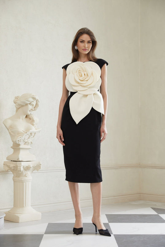 Cassidy Black White Pencil Midi Dress 3D Petal Detailing Sleeveless Round Neck