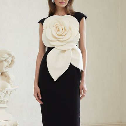 Cassidy Black White Pencil Midi Dress 3D Petal Detailing Sleeveless Round Neck Rear Slit Zip Fastening