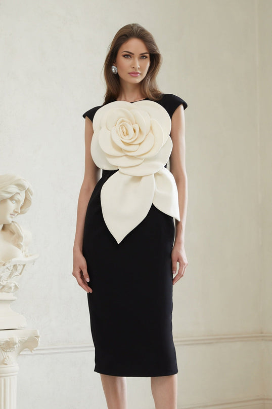 Cassidy Black White Pencil Midi Dress 3D Petal Detailing Sleeveless Round Neck Rear Slit Zip Fastening