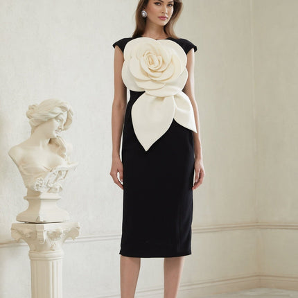 Cassidy Black White Pencil Midi Dress 3D Petal Detailing Sleeveless Round Neck