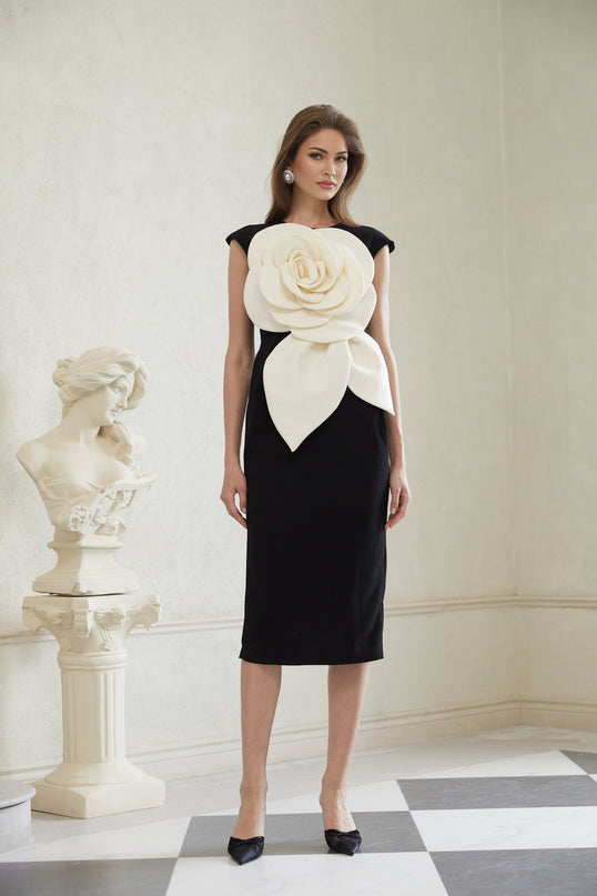 Cassidy Black White Pencil Midi Dress 3D Petal Detailing Sleeveless Round Neck