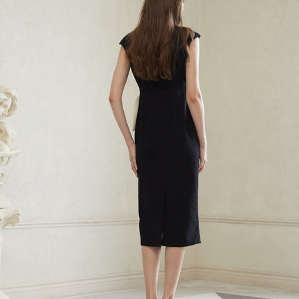 Cassidy Black White Pencil Midi Dress 3D Petal Detailing Sleeveless Round Neck
