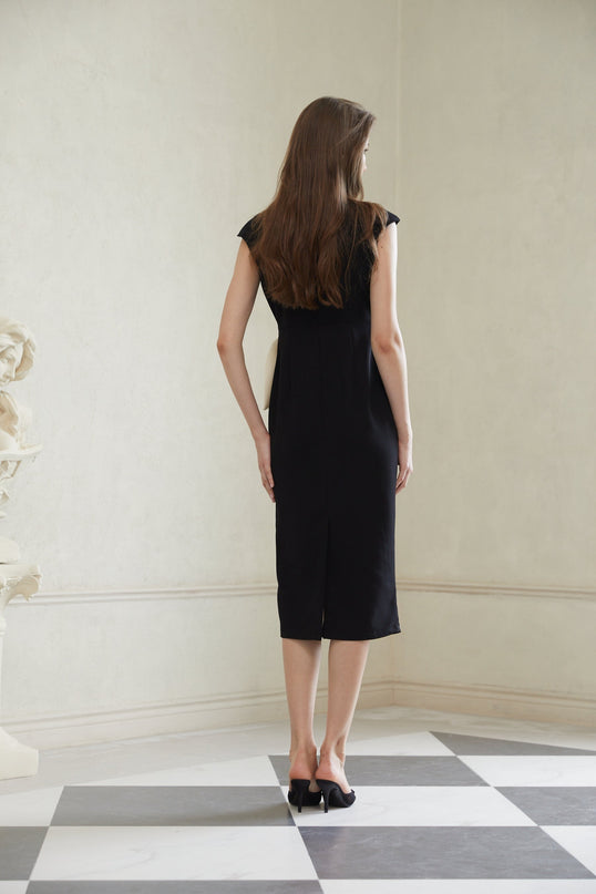 Cassidy Black White Pencil Midi Dress 3D Petal Detailing Sleeveless Round Neck