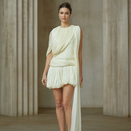 Cassidy Neutrals Pleated Glitter Mini Dress with Ribbon Design and Asymmetrical Twist Detailing