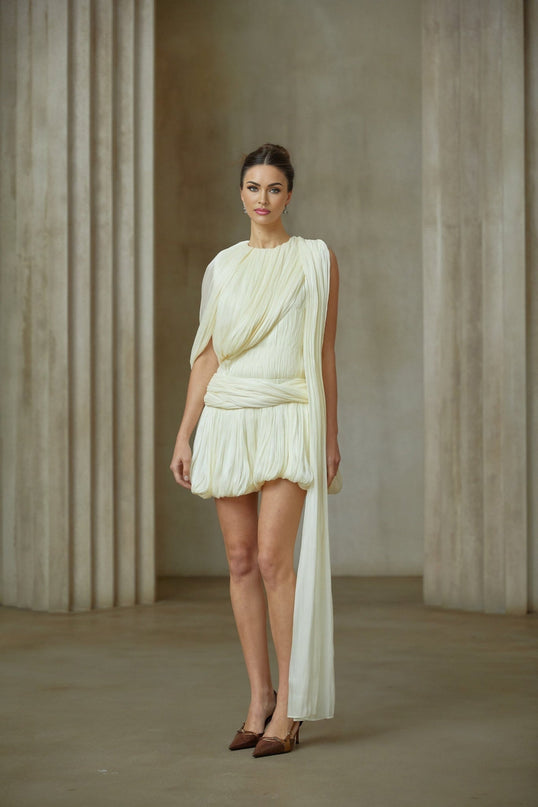 Cassidy Neutrals Pleated Glitter Mini Dress with Ribbon Design and Asymmetrical Twist Detailing