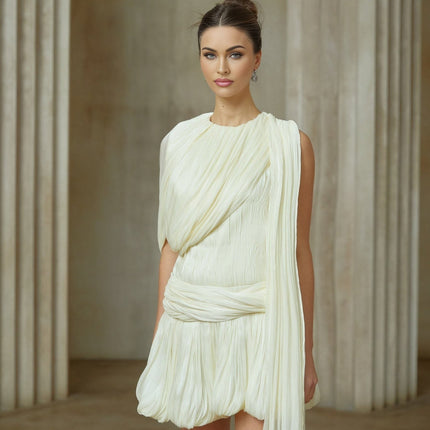 Cassidy Neutrals Pleated Mini Dress with Glitter-Accented Bubble Hem and Ribbon Design