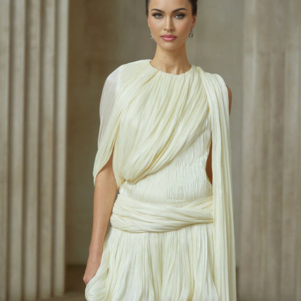 Cassidy Neutrals Pleated Mini Dress with Glitter-Accented Bubble Hem and Asymmetrical Twist Detailing