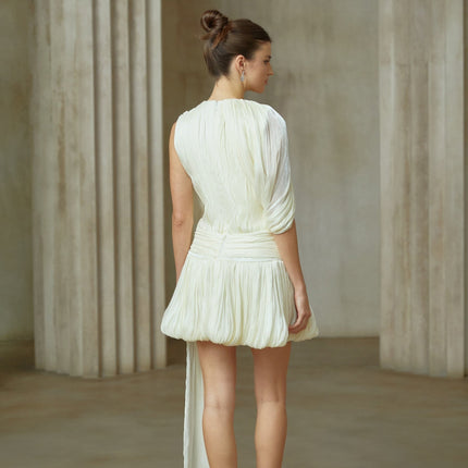 Cassidy Neutrals Pleated Mini Dress with Glitter Accent Bubble Hem and Ribbon Design