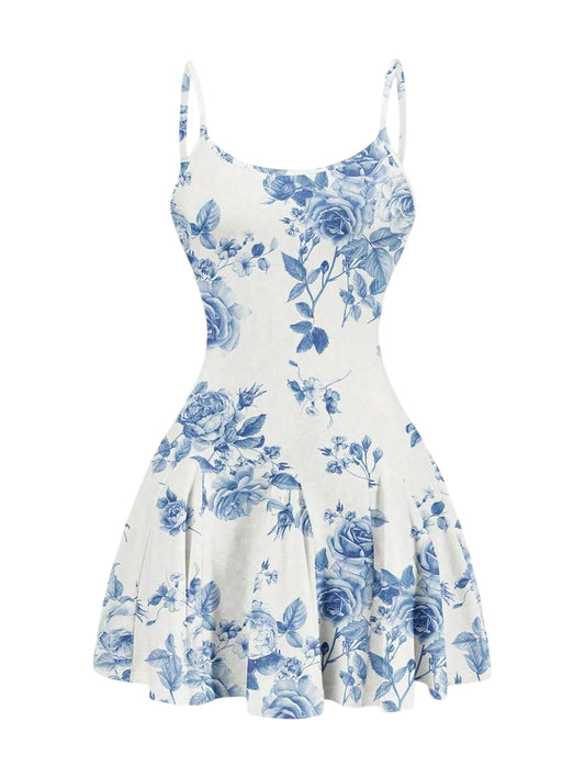 Blue floral mini dress with spaghetti straps, a fitted bodice, and a flowy pleated skirt, designed for an elegant and feminine look
