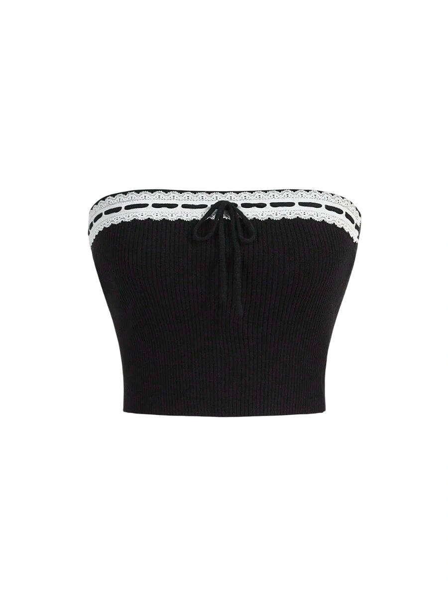 Casual Lace Spliced Strapless Knitted Top With Tie