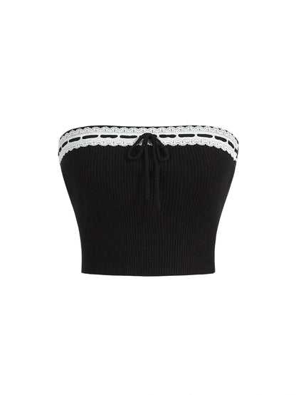 Casual Lace Spliced Strapless Knitted Top With Tie