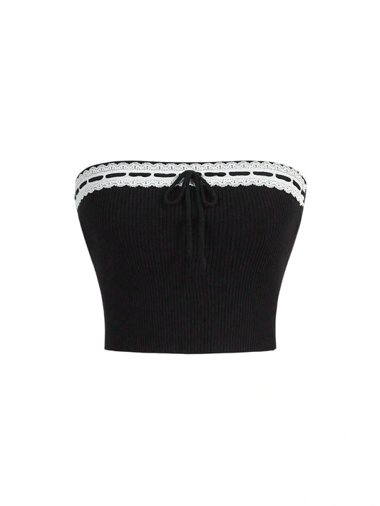 Casual Lace Spliced Strapless Knitted Top With Tie