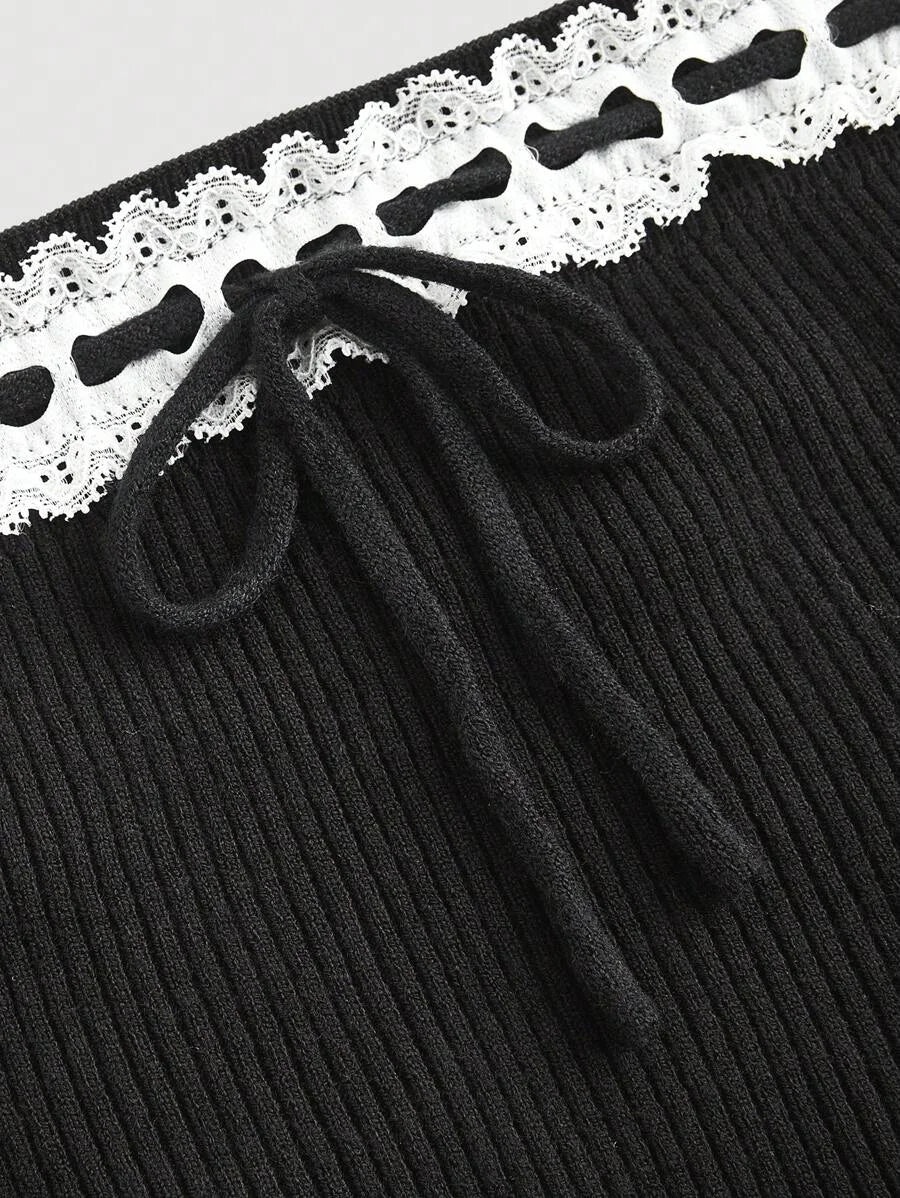 Casual Lace Spliced Strapless Knitted Top With Tie