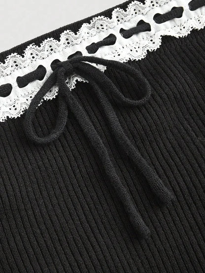 Casual Lace Spliced Strapless Knitted Top With Tie
