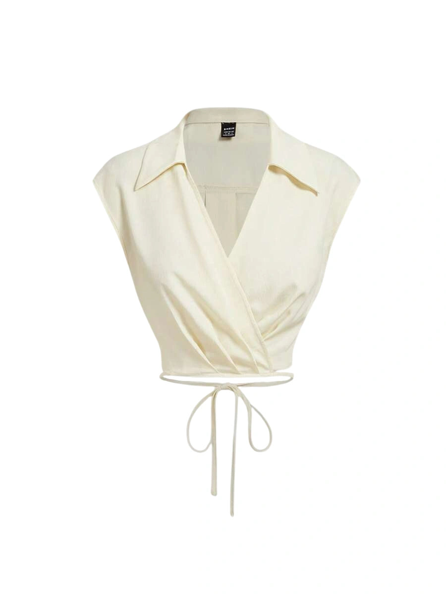 Casual Minimalist Apricot Color Lapel Overlap Tie Crop Top Shirt Business Casual