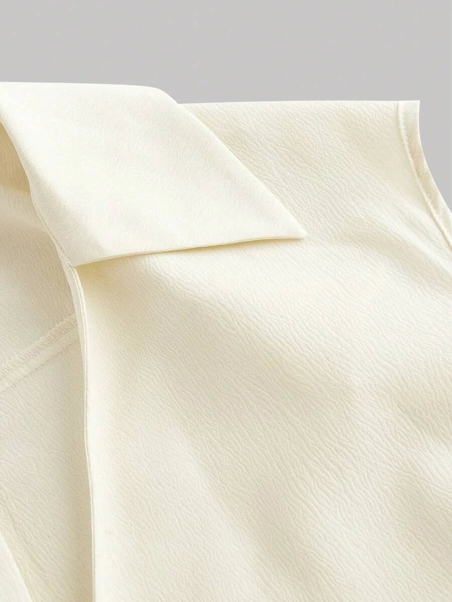 Casual Minimalist Apricot Color Lapel Overlap Tie Crop Top Shirt Business Casual