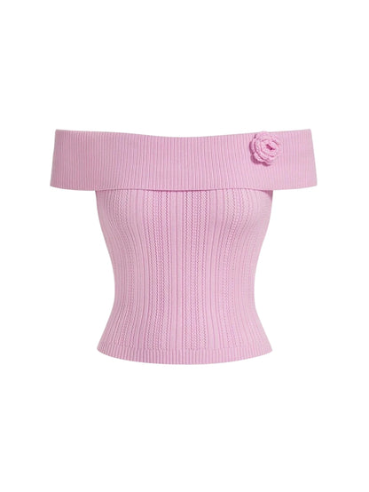 Casual Pink Off Shoulder Knitted Top With 3D Flower Embellishment