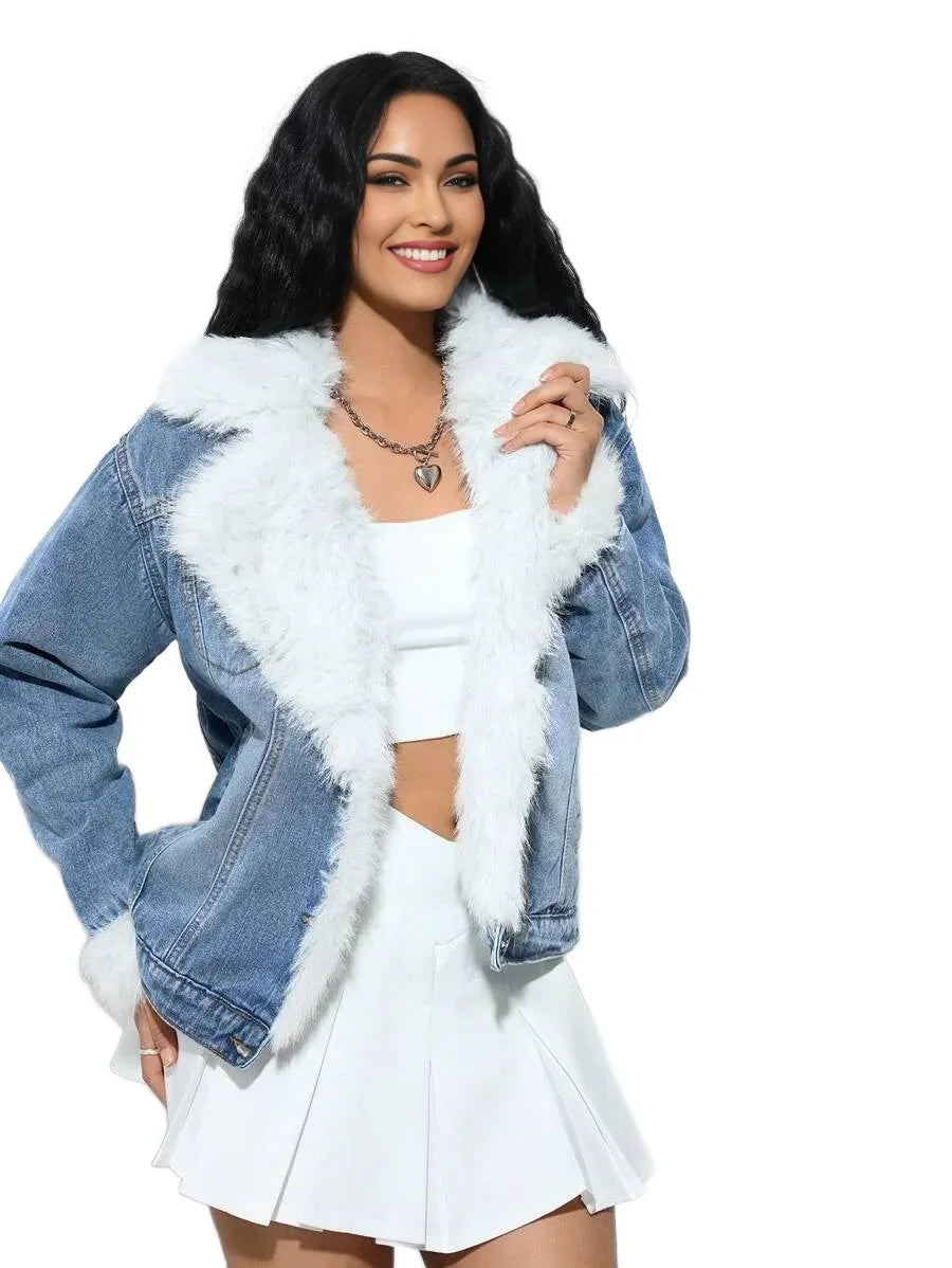 Casual Washed Fleece Collar Patchwork Denim Jacket AutumnWinterThermal Thickened Denim