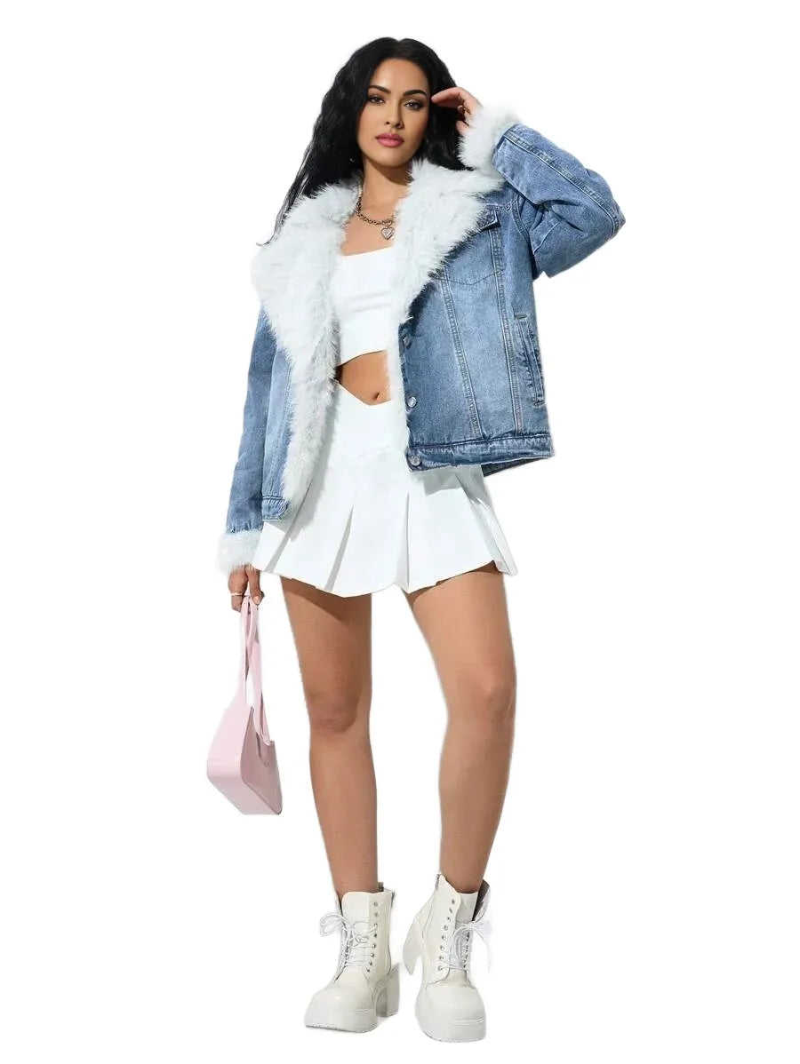 Casual Washed Fleece Collar Patchwork Denim Jacket AutumnWinterThermal Thickened Denim