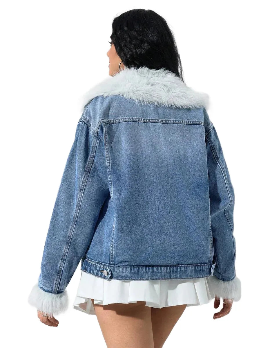 Casual Washed Fleece Collar Patchwork Denim Jacket AutumnWinterThermal Thickened Denim