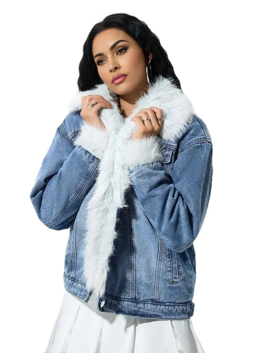 Casual Washed Fleece Collar Patchwork Denim Jacket AutumnWinterThermal Thickened Denim