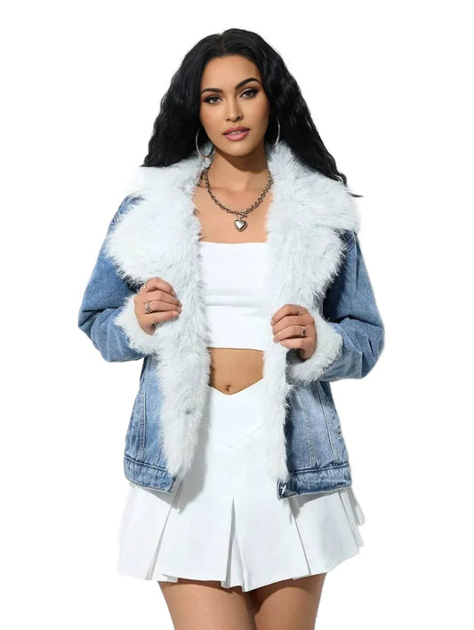 Casual Washed Fleece Collar Patchwork Denim Jacket AutumnWinterThermal Thickened Denim