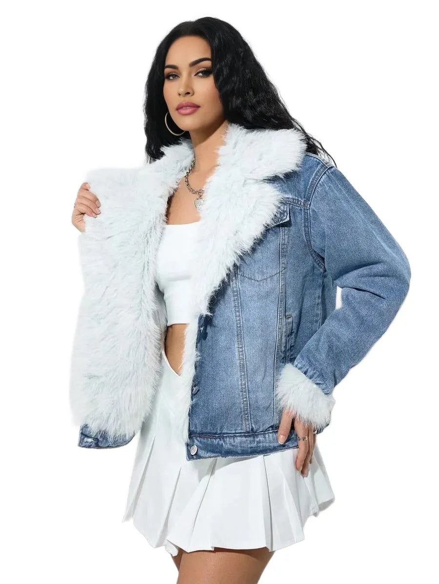 Casual Washed Fleece Collar Patchwork Denim Jacket AutumnWinterThermal Thickened Denim