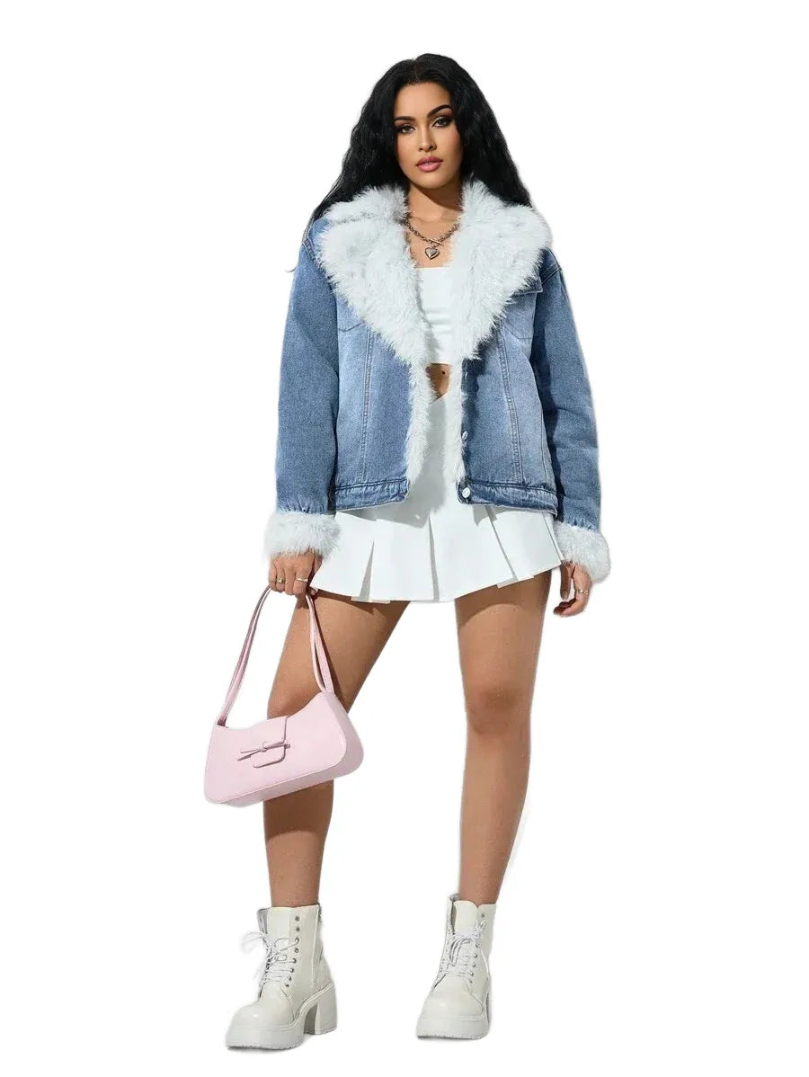 Casual Washed Fleece Collar Patchwork Denim Jacket AutumnWinterThermal Thickened Denim