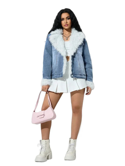 Casual Washed Fleece Collar Patchwork Denim Jacket AutumnWinterThermal Thickened Denim
