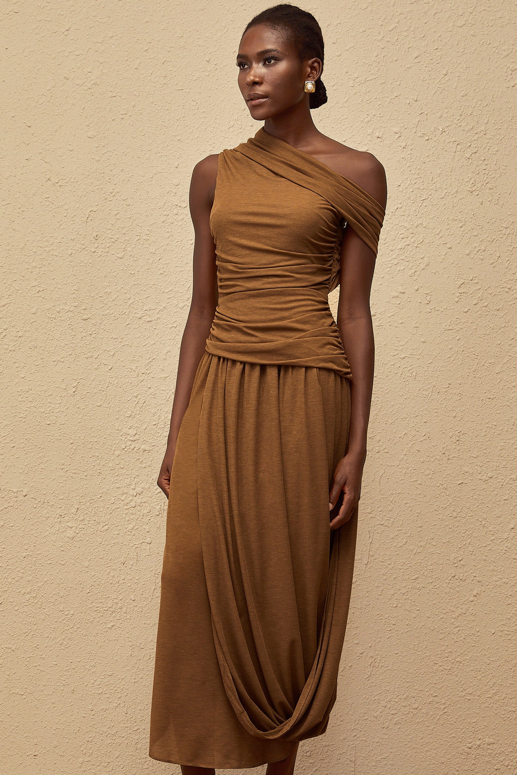 Catarina Brown Asymmetrical Ruched Maxi Dress
