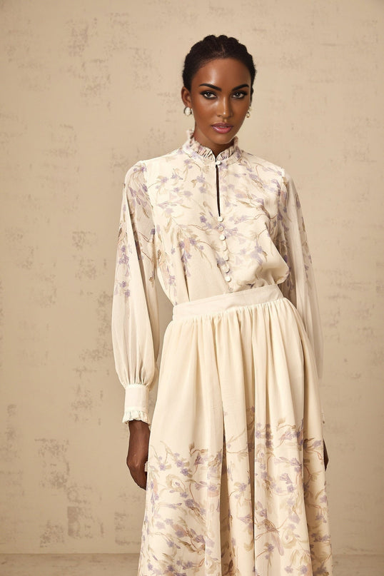 Caterina Floral Shirt & Skirt Set in Neutrals & Purple