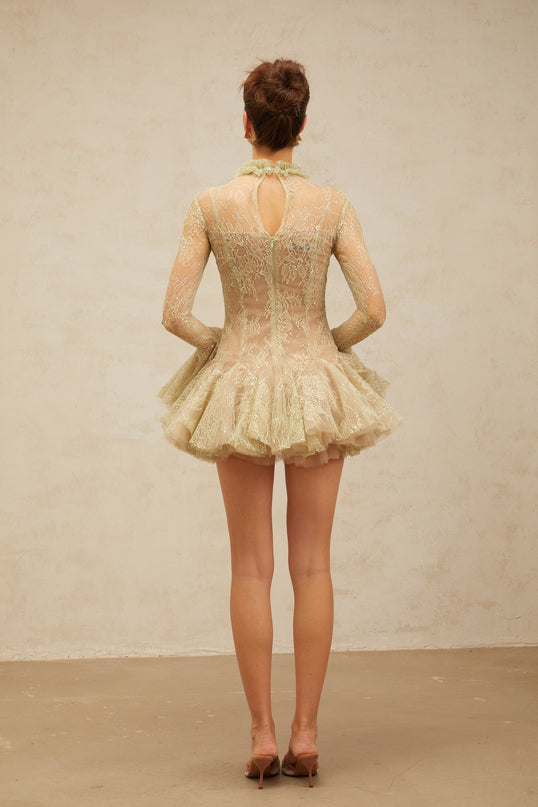 Caterina Green Sequin Lace Mini Dress Ruffled Neck Flared Sleeves Decorative Buttons Pleated Detailing Rear Zip Terylene Fiber