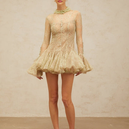 Caterina Green Sequin Lace Mini Dress with Ruffled Neck and Flared Sleeves