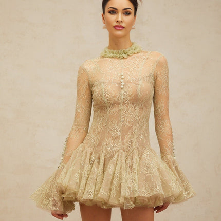 Caterina Green Sequin Lace Mini Dress Ruffled Neck Flared Sleeves Decorative Buttons Pleated Detailing Rear Zip Lined Terylene Fiber
