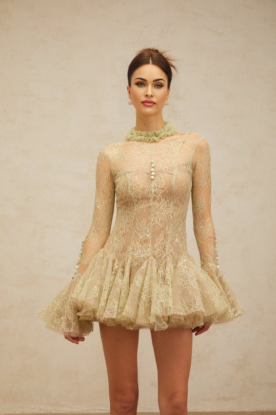 Caterina Green Sequin Lace Mini Dress Ruffled Neck Flared Sleeves Decorative Buttons Pleated Detailing Rear Zip Lined Terylene Fiber