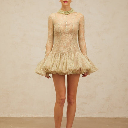 Caterina Green Sequin Lace Mini Dress Ruffled Neck Flared Sleeves Pleated Detailing Decorative Buttons Rear Zip Thigh-Length Lined Terylene Fiber