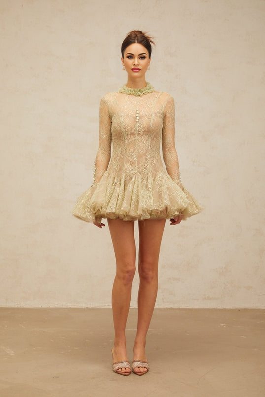 Caterina Green Sequin Lace Mini Dress Ruffled Neck Flared Sleeves Pleated Detailing Decorative Buttons Rear Zip Thigh-Length Lined Terylene Fiber