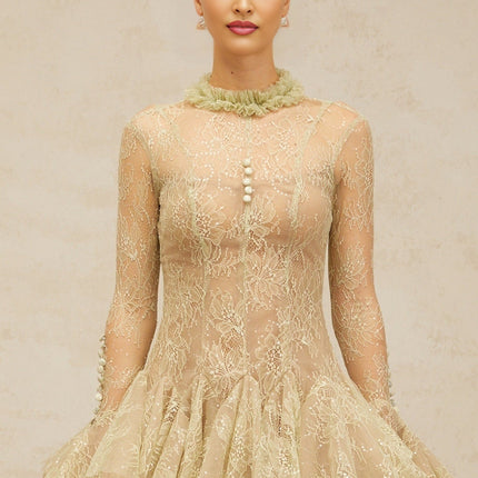 Caterina Green Sequin Lace Mini Dress Ruffled Neck Flared Sleeves