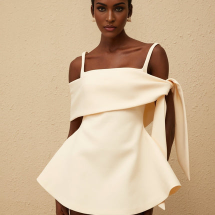 Caterina Mini Dress in Cream White Neutrals Terylene Square Neck Sleeveless Wide Straps Fitted Waistline Self-Tie Detail Flared Skirt Rear Zip Fastening Thigh-Length