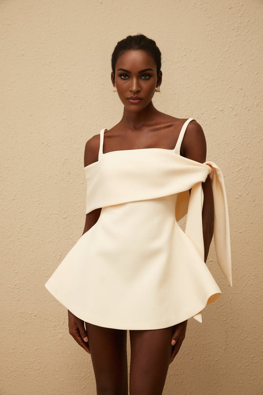 Caterina Mini Dress in Cream White Neutrals Terylene Square Neck Sleeveless Wide Straps Fitted Waistline Self-Tie Detail Flared Skirt Rear Zip Fastening Thigh-Length