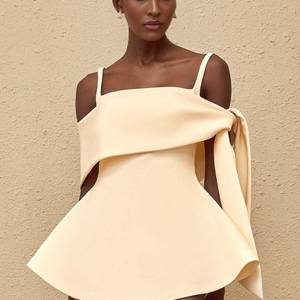 Caterina Mini Dress in Cream White Neutrals Terylene Fiber Square Neck Sleeveless Wide Straps Fitted Waistline Self-Tie Detail Flared Skirt Rear Zip Fastening Thigh-Length Dress