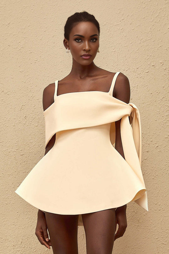 Caterina Mini Dress in Cream White Neutrals Terylene Fiber Square Neck Sleeveless Wide Straps Fitted Waistline Self-Tie Detail Flared Skirt Rear Zip Fastening Thigh-Length Dress